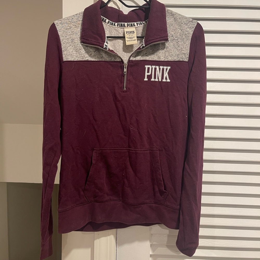 PINK Victoria's Secret Maroon and Heather Gray Half-Zip Pullover - Picture 1 of 4